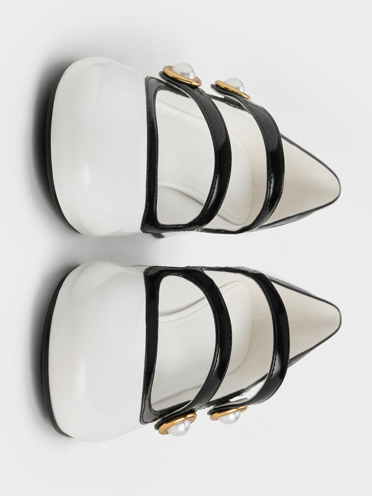 Pearl-Buckle Two-Tone Mary Jane Pumps, White, hi-res