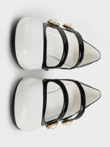 Pearl-Buckle Two-Tone Mary Jane Pumps, White, hi-res