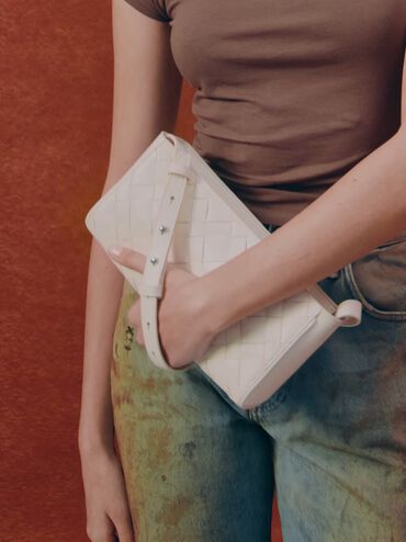 Ivette Woven Elongated Shoulder Bag, Cream, hi-res