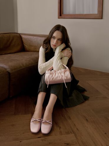 Reese Ruched Bow Top Handle Bag, Soft Pink, hi-res