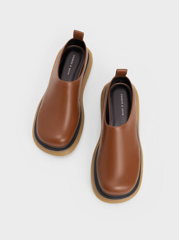 Round-Toe Platform Mules, Cognac, hi-res