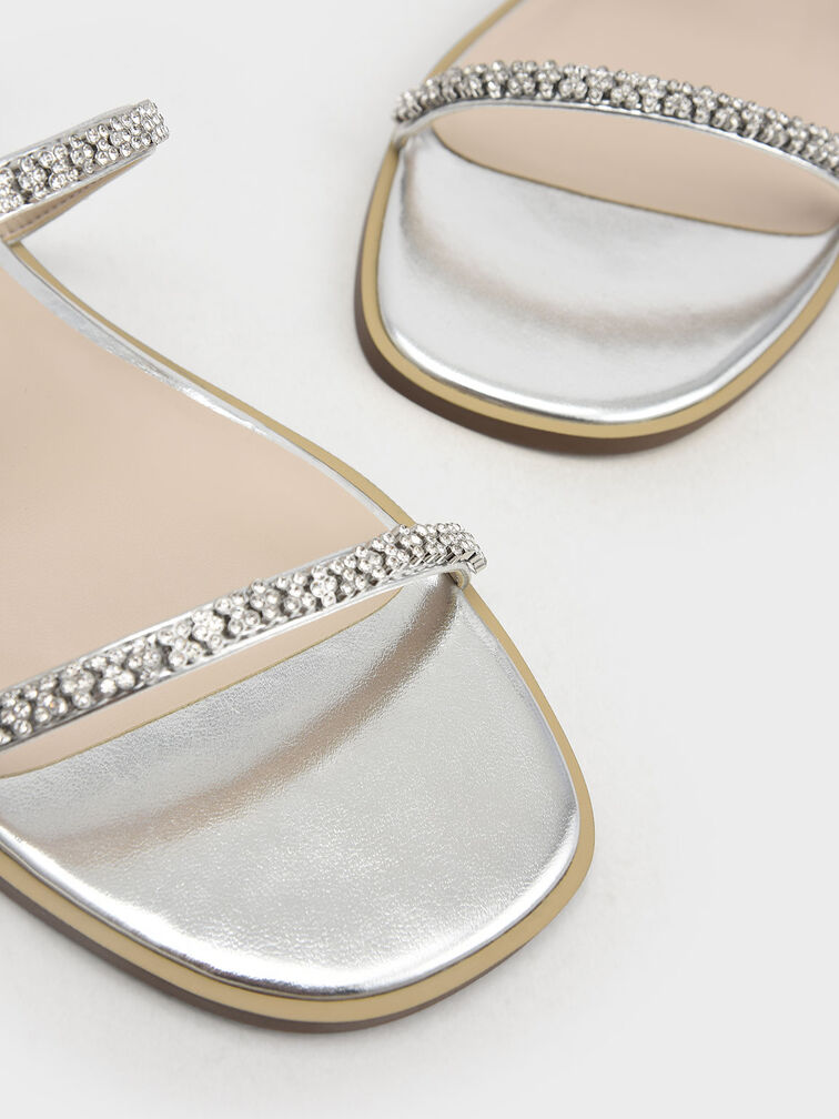 Gem-Encrusted Strappy Slide Sandals, Silver, hi-res