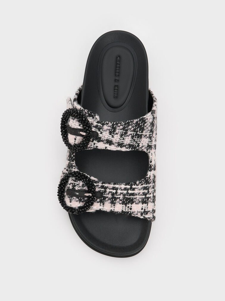 Tweed Beaded Circle Slide Sandals, Pink, hi-res