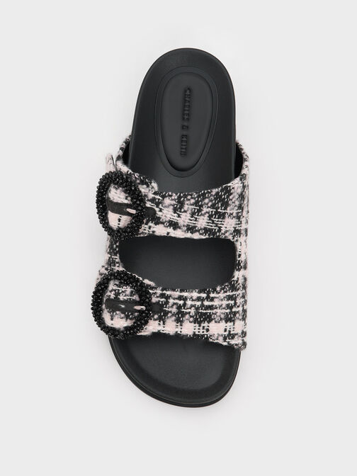 Tweed Beaded Circle Slide Sandals, Pink, hi-res
