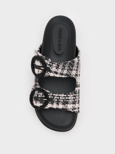 Tweed Beaded Circle Slide Sandals, Pink, hi-res