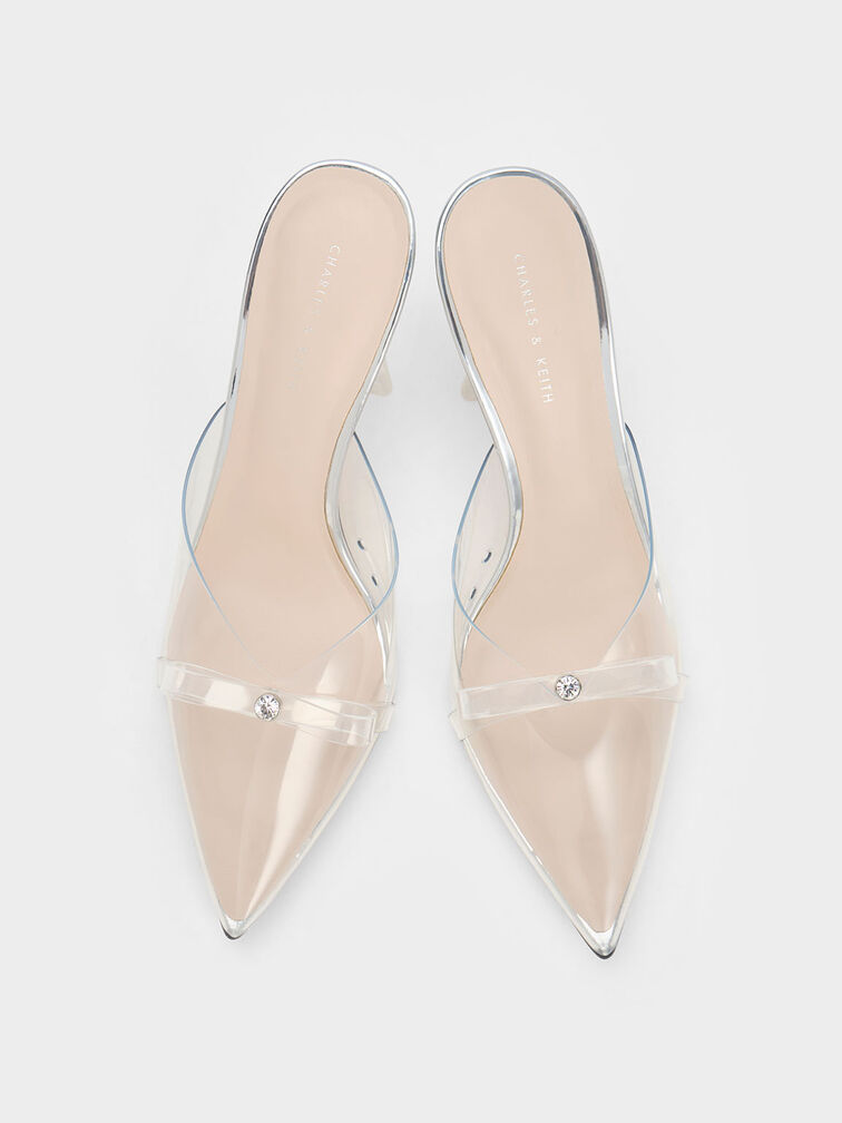 Embellished Bow See-Through Mules, Silver, hi-res