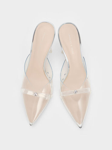 Embellished Bow See-Through Mules, Silver, hi-res