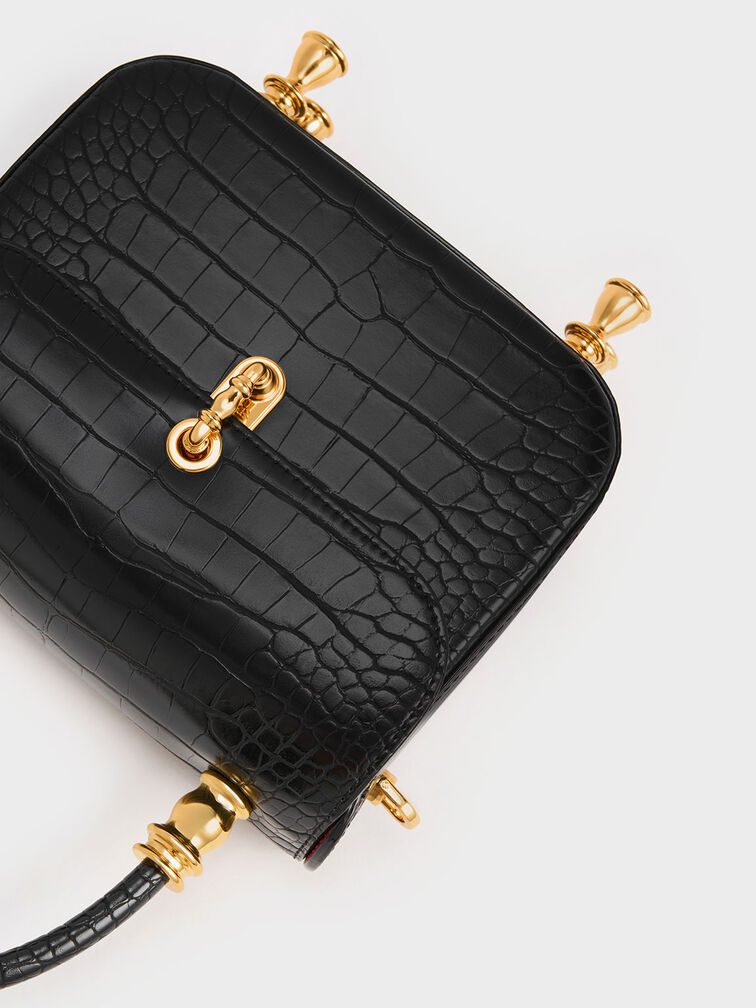 Meriah Croc-Embossed Top Handle Bag, Black, hi-res