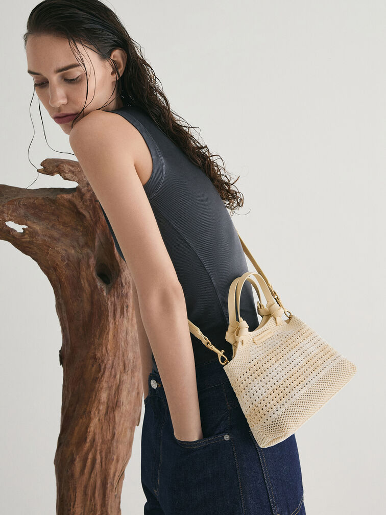 Ida Checkered Knotted Handle Tote Bag, Butter Yellow, hi-res