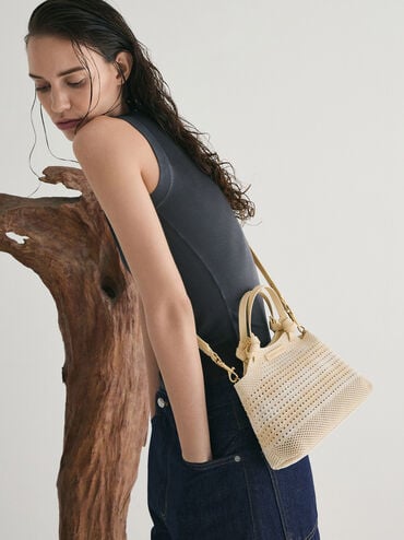 Ida Checkered Knotted Handle Tote Bag, Butter Yellow, hi-res