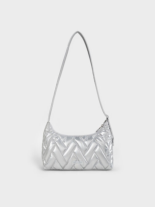 Nylon Chevron Shoulder Bag, Silver, hi-res