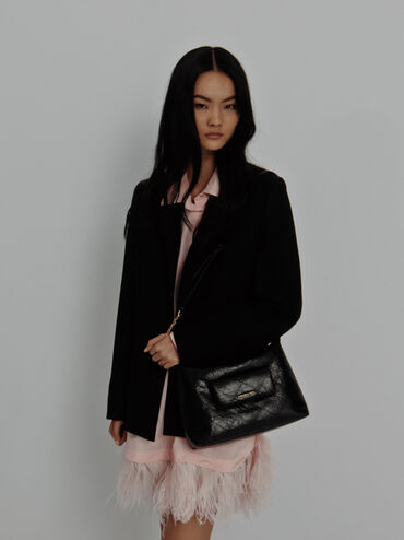 Duo Quilted Front-Pocket Hobo Bag, Black, hi-res