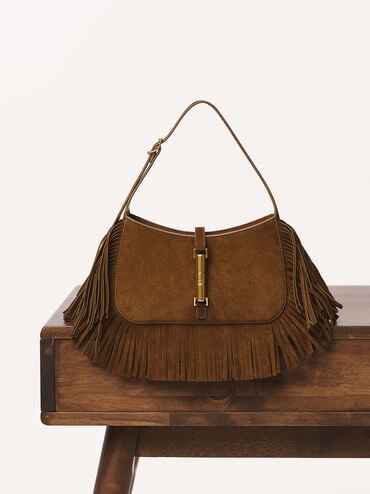 Cesia Recycled Suede Fringed Hobo Bag, Sienna Brown, hi-res