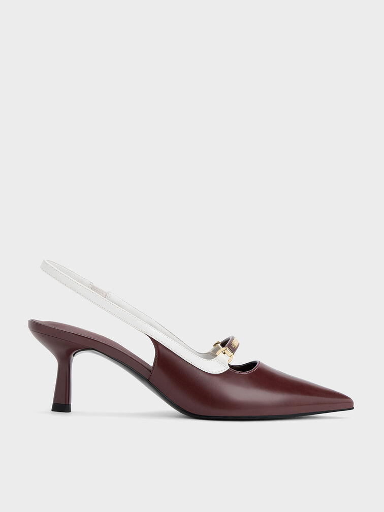 Two-Tone Metallic Accent Slingback Pumps, Maroon, hi-res