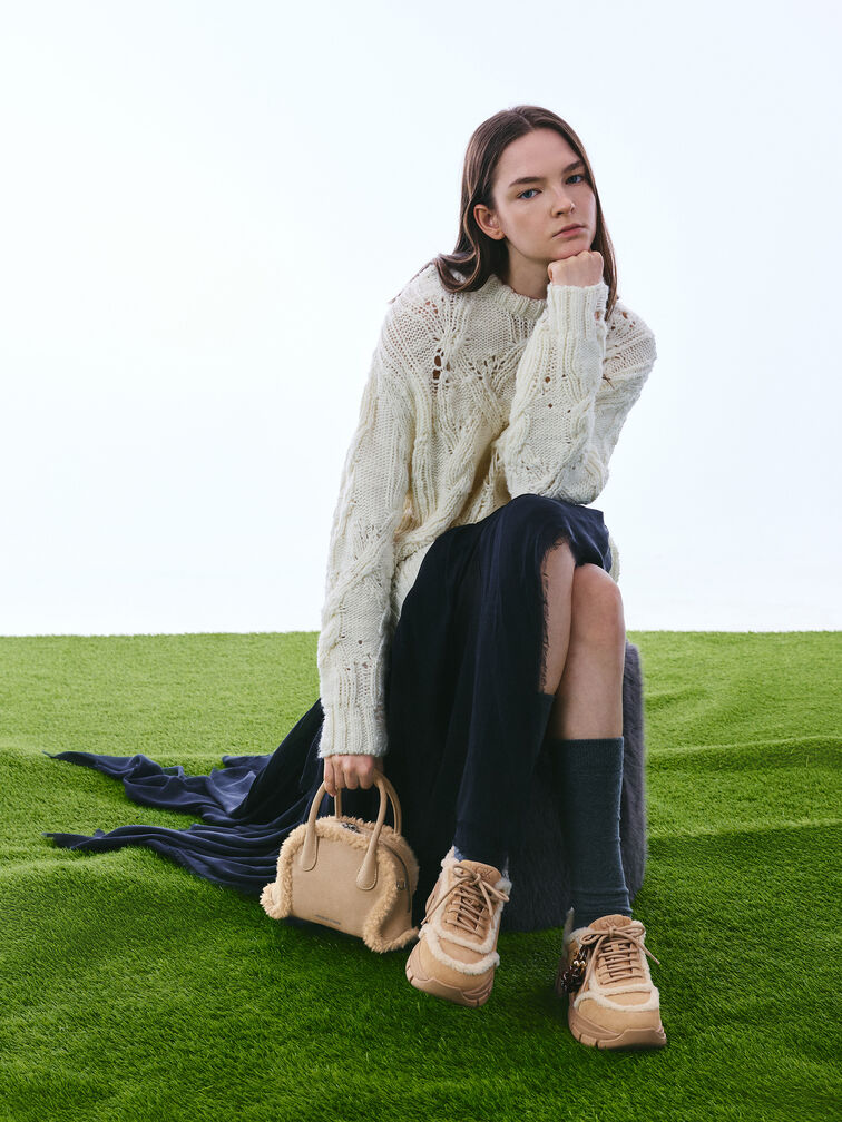 Nelly Recycled Suede & Faux Shearling Bowling Bag, Nutmeg Beige, hi-res