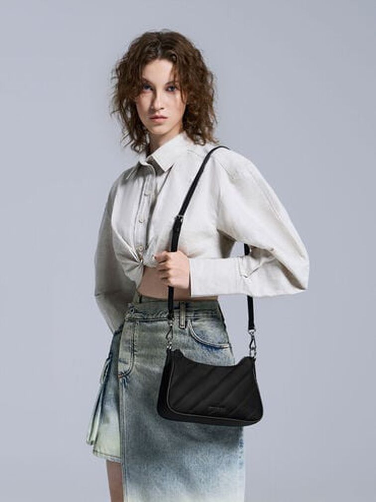 Philomena Nylon Puffy Chain-Strap Crossbody Bag, Noir, hi-res