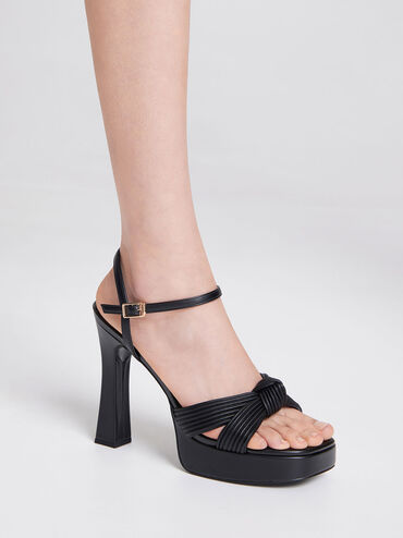 Pleated Knotted Platform Sandals, Black, hi-res