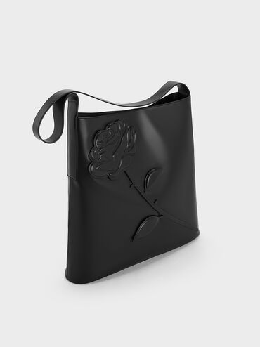 Rose-Motif Trapeze Shoulder Bag, Noir, hi-res