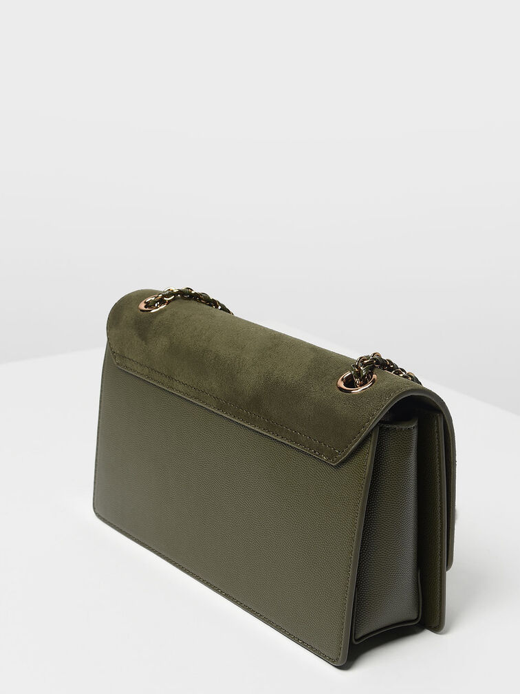Textured Chain Link Shoulder Bag, Olive, hi-res