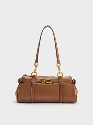 Gwynne Metallic-Accent Elongated Shoulder Bag, Chocolate, hi-res