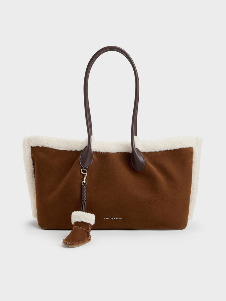 XL Cosima Fur-Trim Tote Bag, Pecan Brown, hi-res
