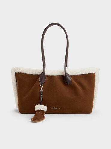 XL Cosima Fur-Trim Tote Bag, Pecan Brown, hi-res