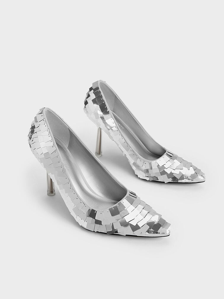 Sequinned Stiletto Heel Pumps, Silver, hi-res