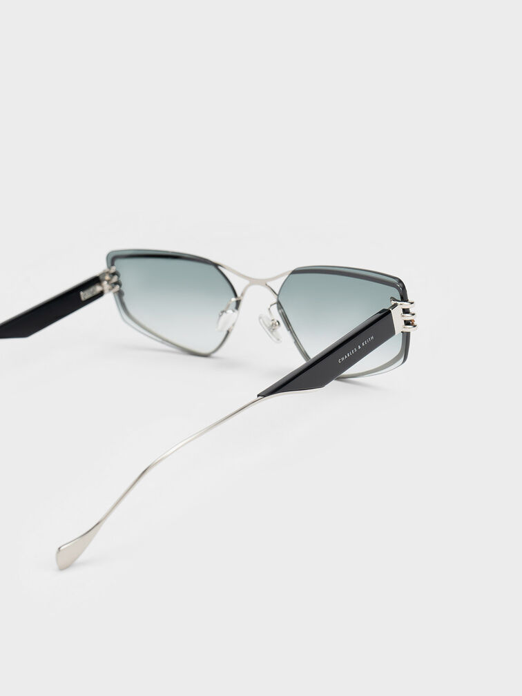 Metallic-Rimmed Geometric Sunglasses, Black, hi-res