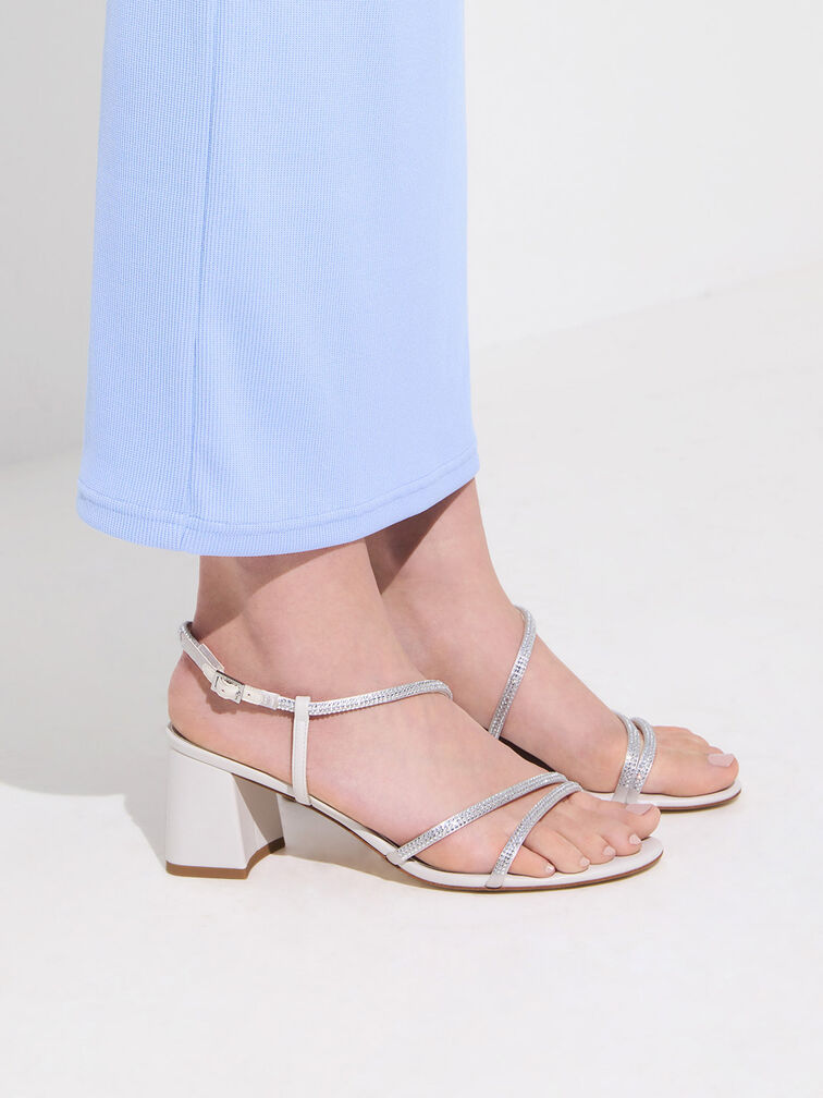 Satin Crystal-Embellished Block-Heel Strappy Sandals, White, hi-res