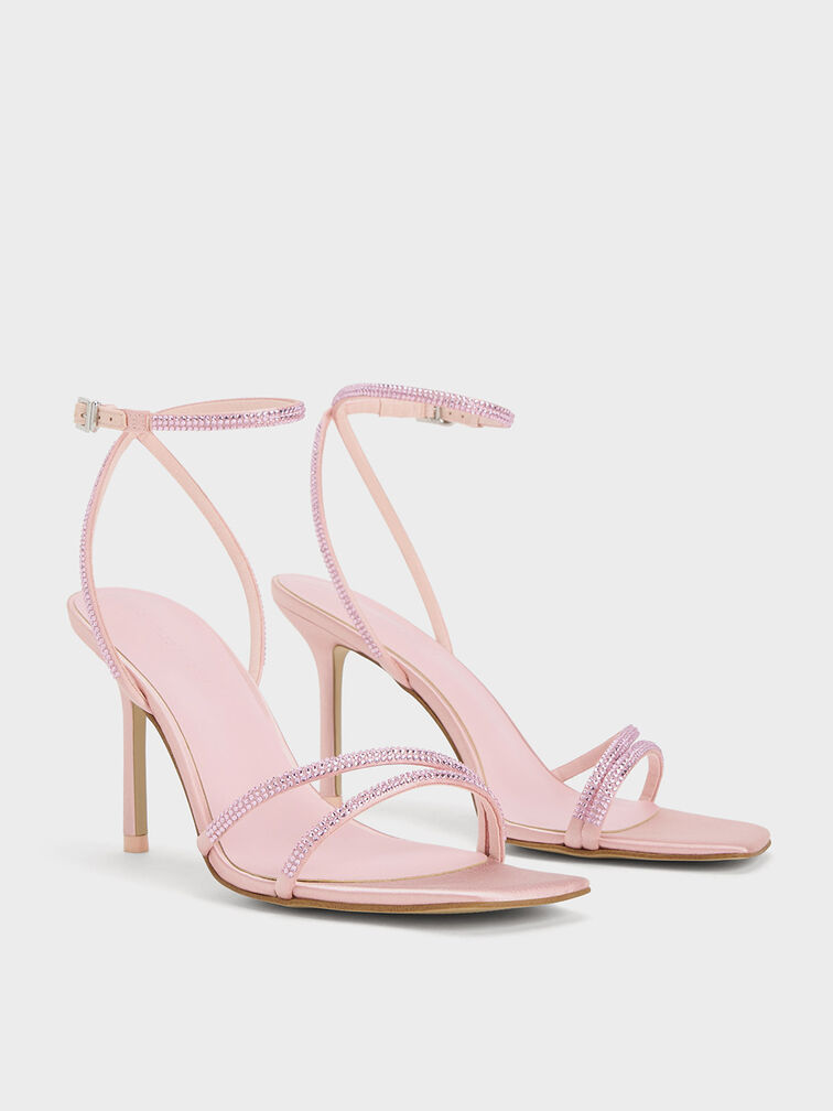 Satin Crystal-Embellished Stiletto-Heel Sandals, Light Pink, hi-res