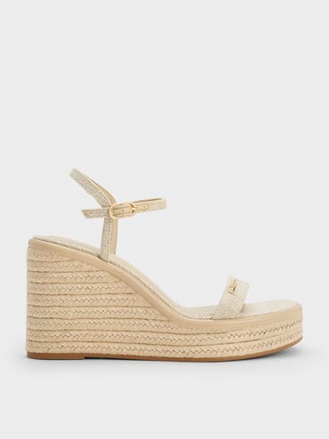 Linen Espadrille Wedges, Beige, hi-res