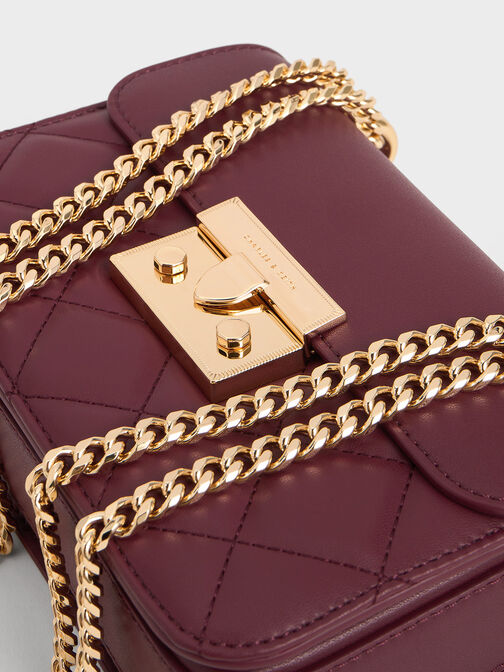 Quilted Push-Lock Chain-Handle Bag, Burgundy, hi-res