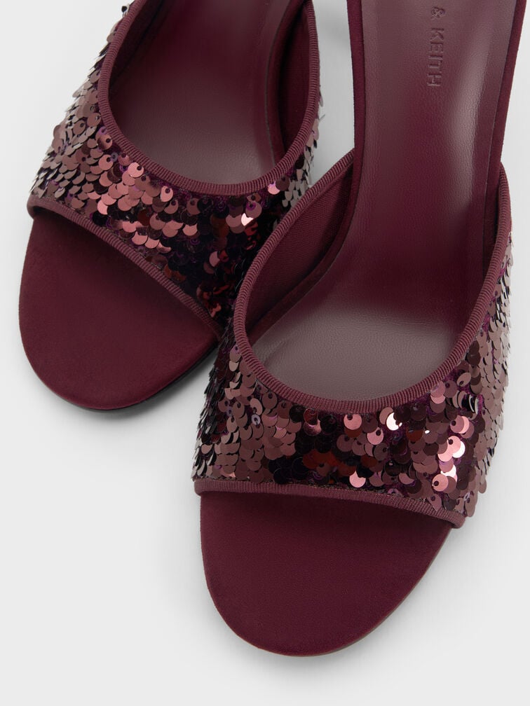 Sequinned Stiletto-Heel Mules, Burgundy, hi-res