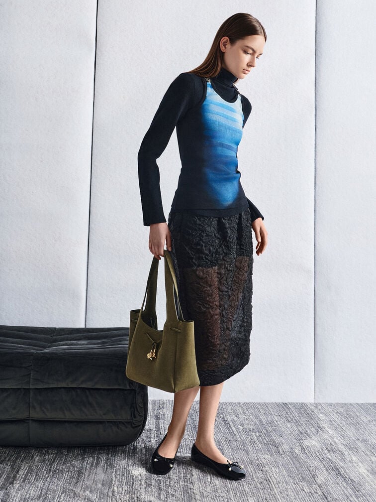 Mila Recycled Suede Metallic-Knot Drawstring Tote Bag, Deep Olive, hi-res