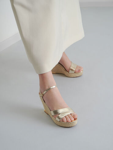 Metallic Asymmetric Strap Platform Wedges, Gold, hi-res