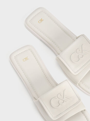 Leather Slide Sandals, White, hi-res