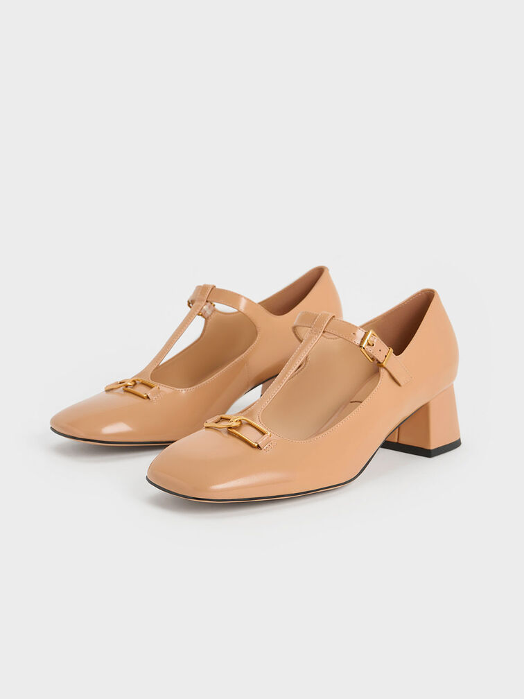 Gabine Leather T-Bar Mary Jane Pumps, Nude, hi-res