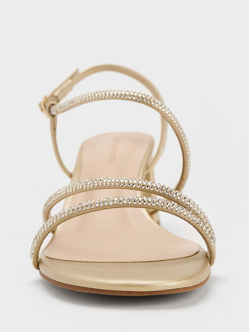 Satin Crystal-Embellished Block-Heel Strappy Sandals, Gold, hi-res