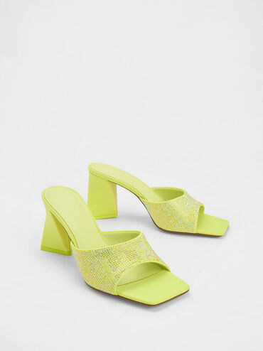 Gem-Embellished Geometric Mules, Lime, hi-res