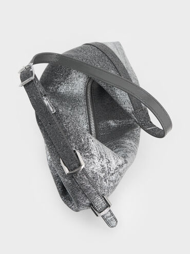 Bryna Denim Curved Hobo Bag, Silver Brushed Denim, hi-res