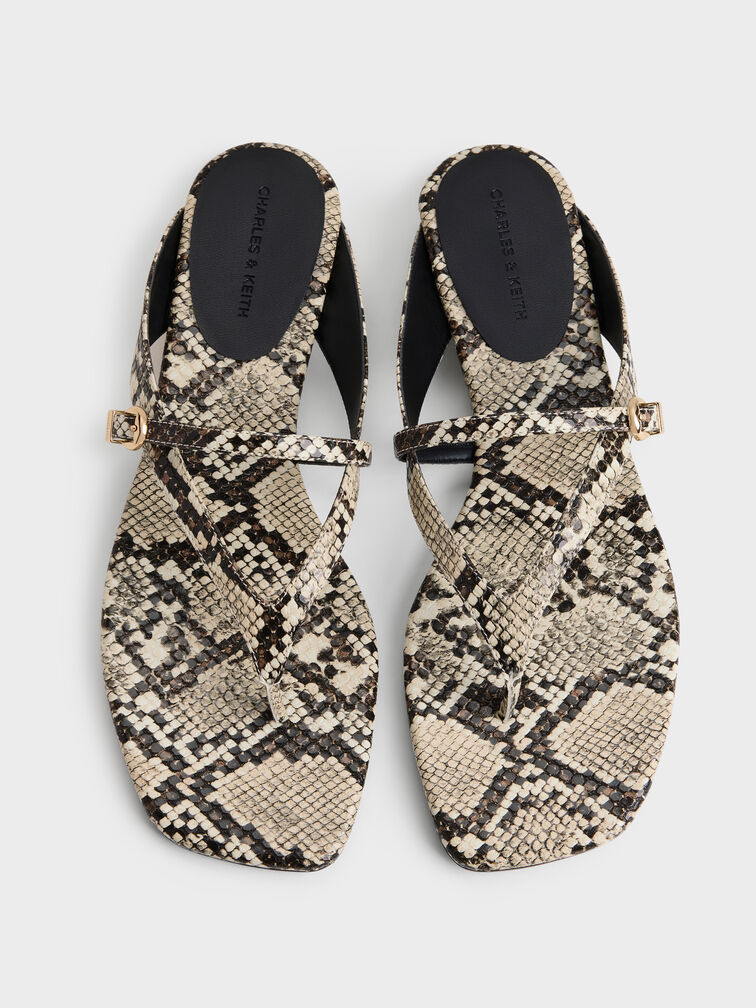 Snake-Print Buckled Thong Wedge Sandals, Animal Print Natural, hi-res