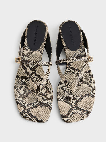 Snake-Print Buckled Thong Wedge Sandals, Animal Print Natural, hi-res