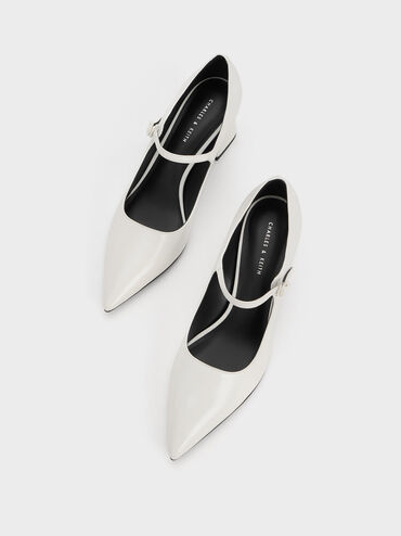 Pointed-Toe Mary Jane Pumps, White, hi-res