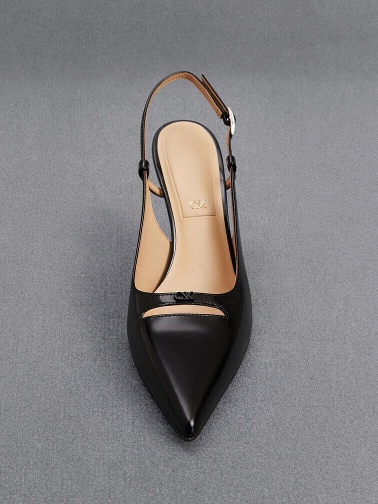 Leather Pointed-Toe Slingback Pumps, Black Box, hi-res