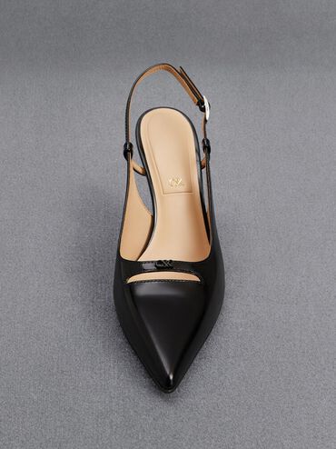 Leather Pointed-Toe Slingback Pumps, Black Box, hi-res