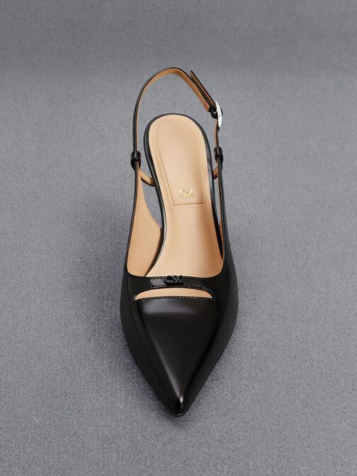 Leather Pointed-Toe Slingback Pumps, Black Box, hi-res
