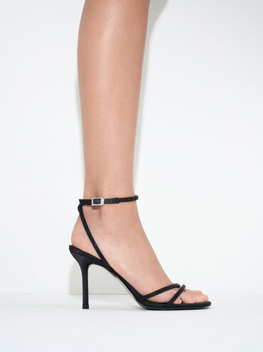 Satin Crystal Stiletto Sandals, Black Textured, hi-res