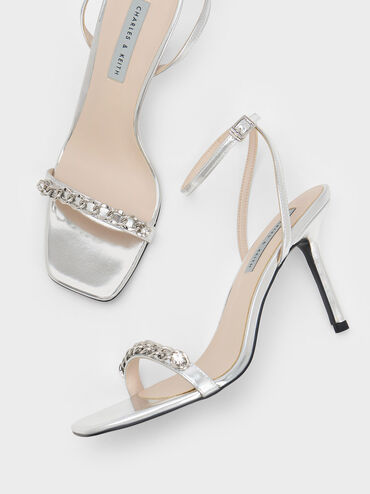 Chain-Embellished Metallic Ankle Strap Sandals, Silver, hi-res