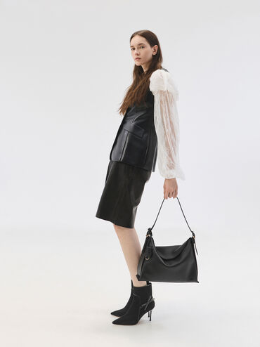 Large Leather Top-Flap Hobo Bag, Black, hi-res