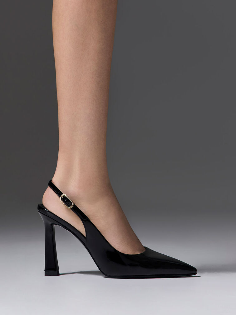 Patent Trapeze Heel Slingback Pumps - Black Patent